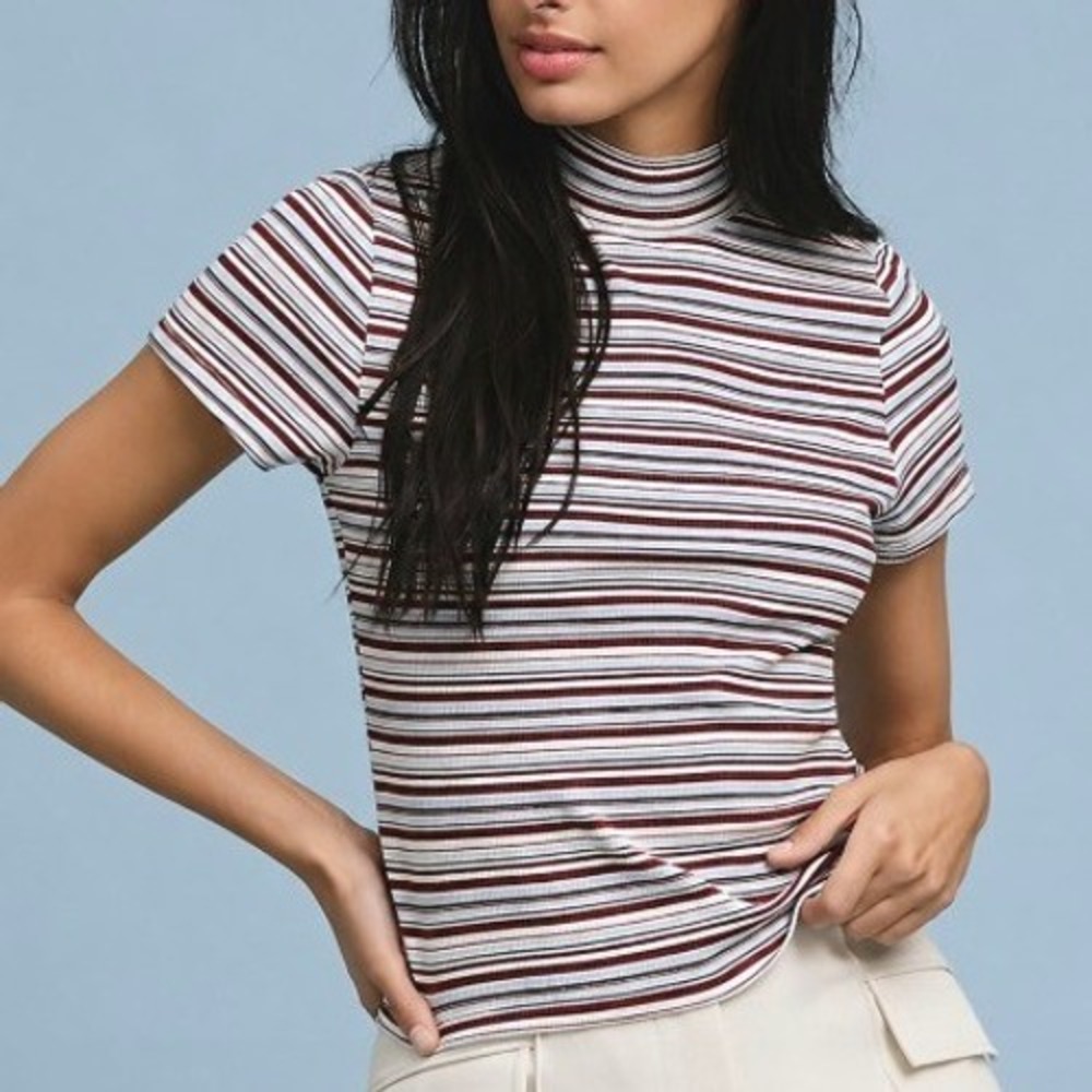 Maeve Anthropologie Blair Baby Tee Blue Brown Striped Mock Neck Ribbed Stretch S